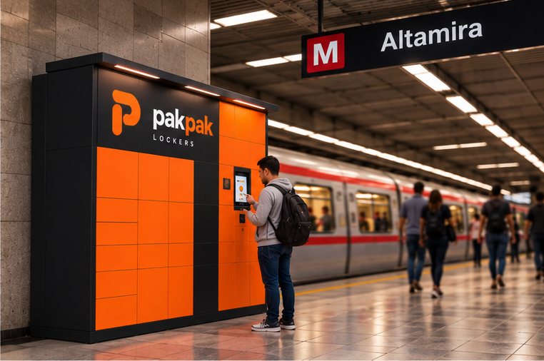 Render conceptual de un locker pakpak en una estación de metro