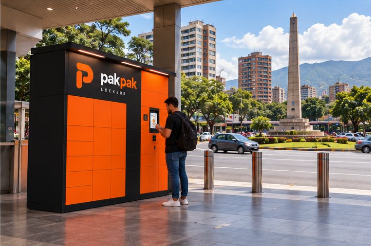 Render conceptual de un locker pakpak en una plaza