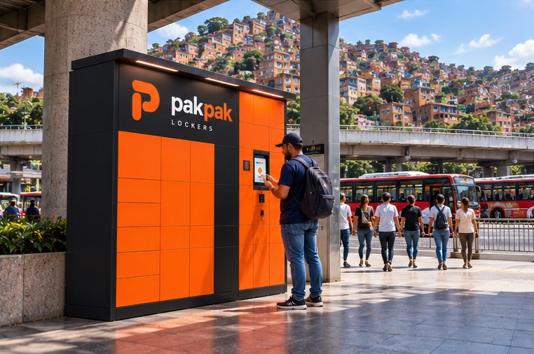 Render conceptual de un locker pakpak en un terminal de autobuses