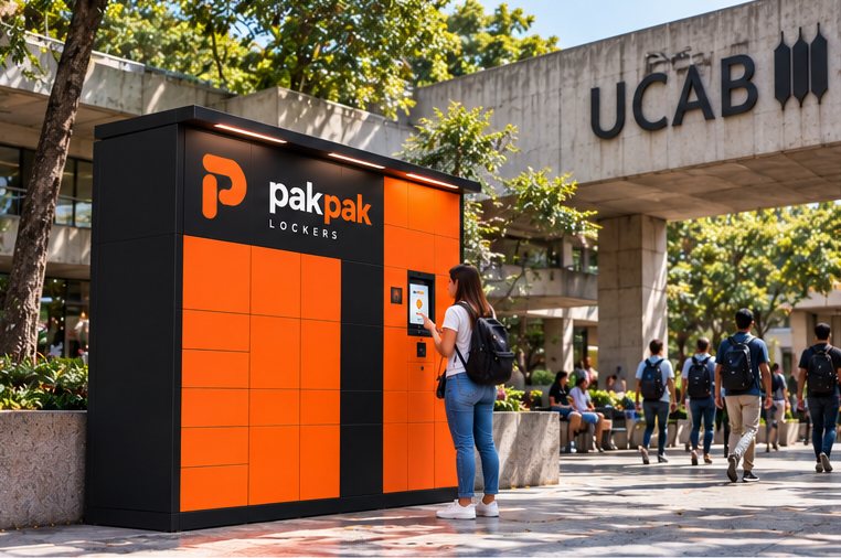 Render conceptual de un locker pakpak en un campus universitario